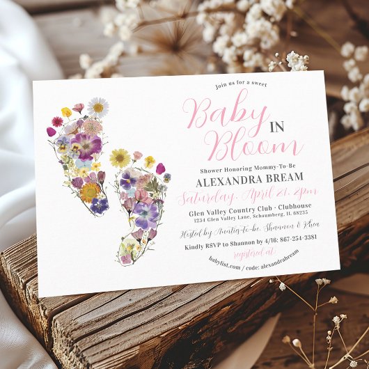 Bloemen Voetafdrukken Roze Baby Girl Douche Uitnod Kaart