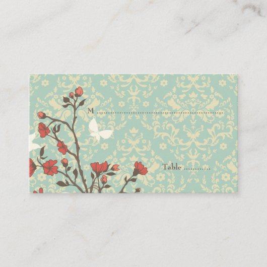Bloemen Vogel + Damask Wedding Place Card Plaatskaartje (Voorkant)