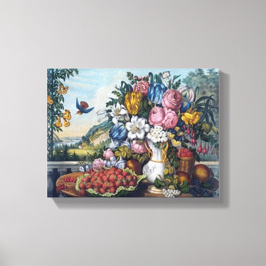 Bloemen Vogel Fruit Stilleven Canvas Afdruk (Voorkant)