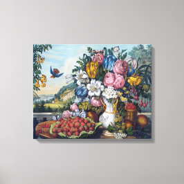 Bloemen Vogel Fruit Stilleven Canvas Afdruk