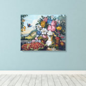 Bloemen Vogel Fruit Stilleven Canvas Afdruk (Insitu (Houten vloer))