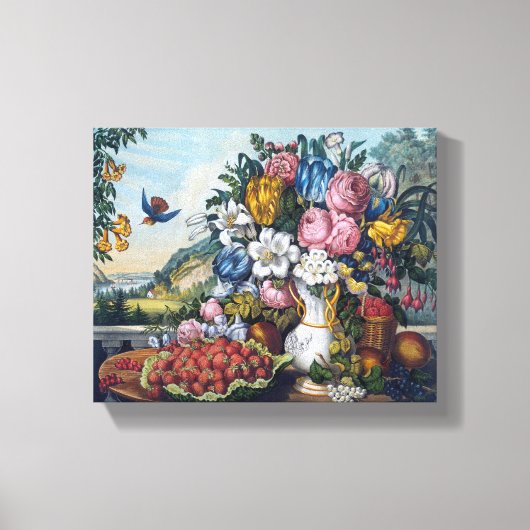 Bloemen Vogel Fruit Stilleven Canvas Afdruk (Voorkant)