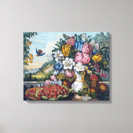 Bloemen Vogel Fruit Stilleven Canvas Afdruk