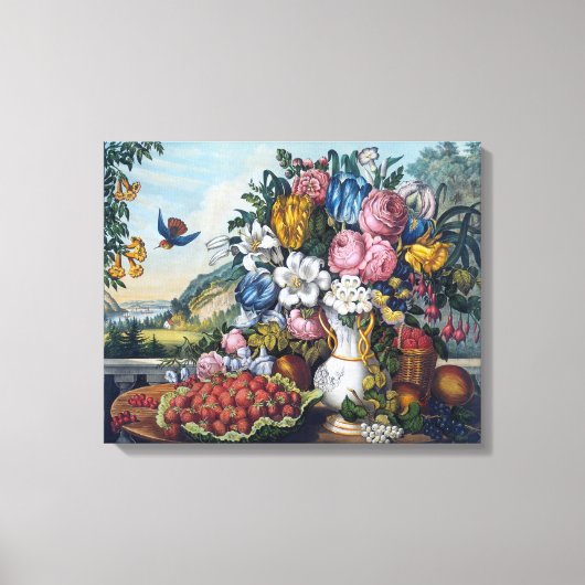 Bloemen Vogel Fruit Stilleven Canvas Afdruk (Voorkant)