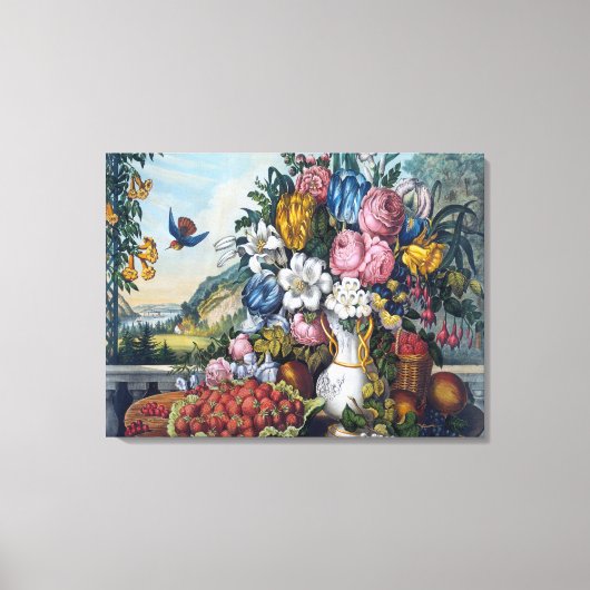 Bloemen Vogel Fruit Stilleven Canvas Afdruk (Voorkant)