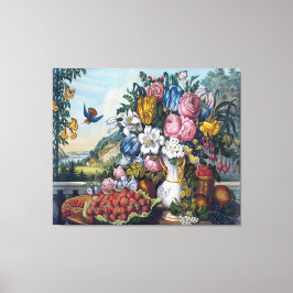 Bloemen Vogel Fruit Stilleven Canvas Afdruk
