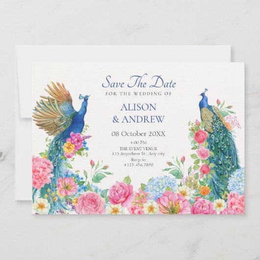 Bloemen vogel pauw bruiloft save the date (Voorkant)