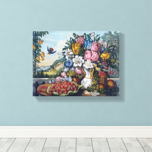 Bloemen Vogelfruit Stilleven Canvas Afdruk (Insitu (Houten vloer))