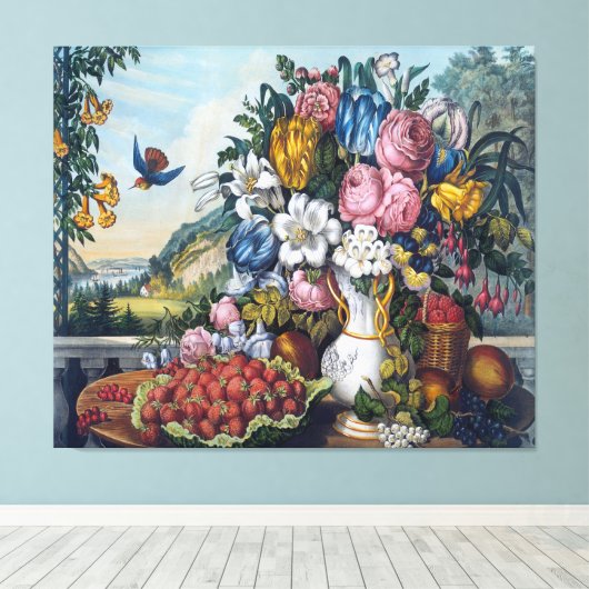 Bloemen Vogelfruit Stilleven Canvas Afdruk (Insitu (Houten vloer))