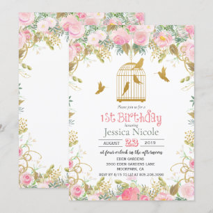 Bloemen Vogelkooi 1e Verjaardag Uitnodiging