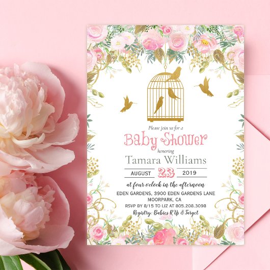Bloemen Vogelkooi Baby shower Invitation Kaart