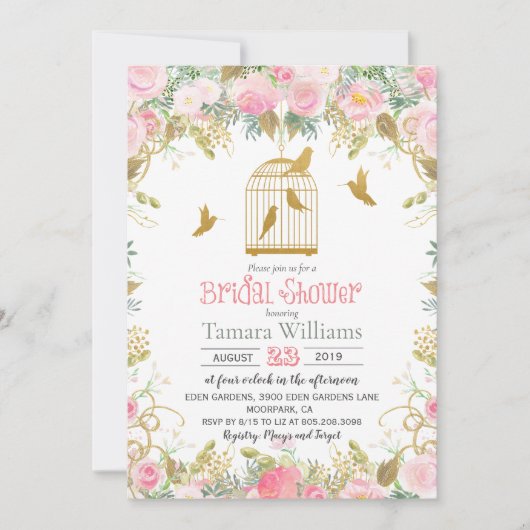 Bloemen Vogelkooi Bruids Douche Uitnodiging (Voorkant)