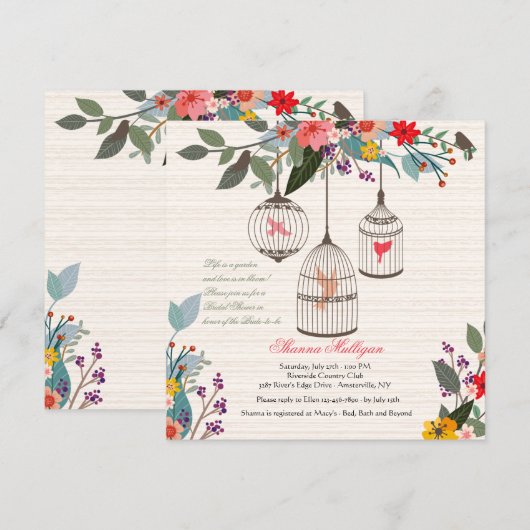 Bloemen Vogelkooien Bruids Douche Uitnodiging (Voorkant / Achterkant)