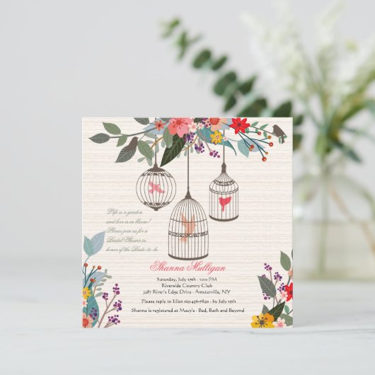 Bloemen Vogelkooien Bruids Douche Uitnodiging (Staand voorkant)