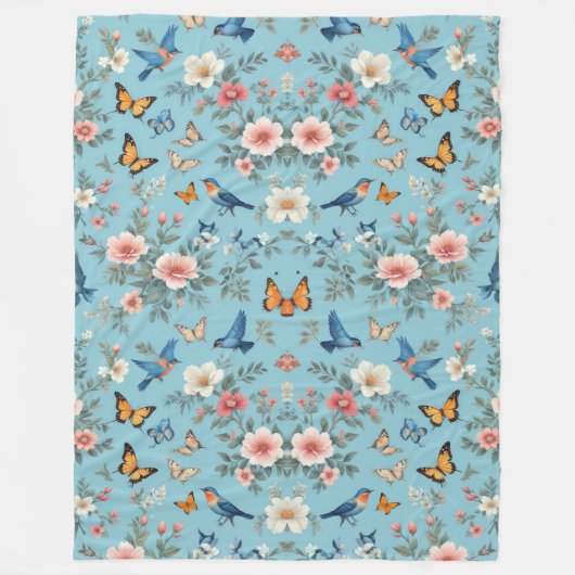 Bloemen Vogels en Vlinders Fleece Deken (Voorkant)