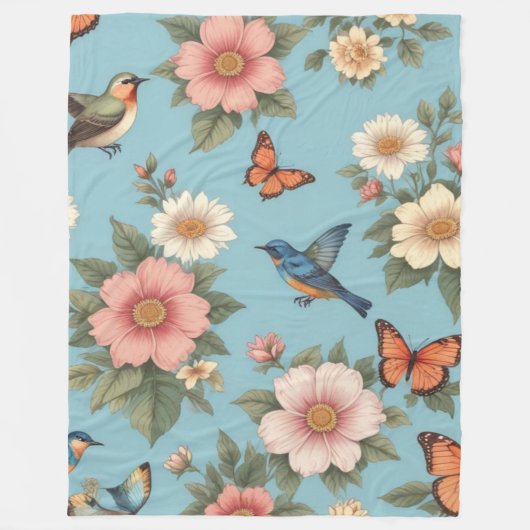 Bloemen Vogels en Vlinders Fleece Deken (Voorkant)