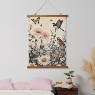 Bloemen, vogels en vlinders op oud papier (1) hangend wandkleed