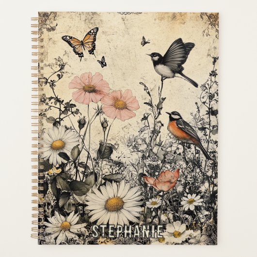 Bloemen, vogels en vlinders op oud papier (1) planner (Voorkant)