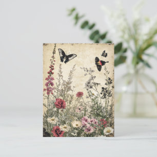 Bloemen, vogels en vlinders op oud papier (2) briefkaart