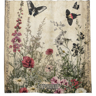 Bloemen, vogels en vlinders op oud papier (2) douchegordijn
