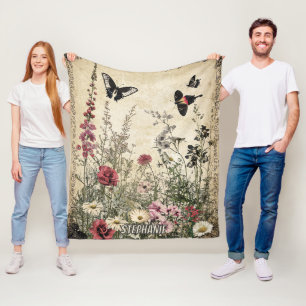 Bloemen, vogels en vlinders op oud papier (2) fleece deken