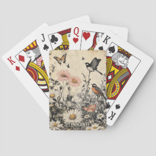 Bloemen, Vogels & Vlinder op Verouderd Papier Pokerkaarten
