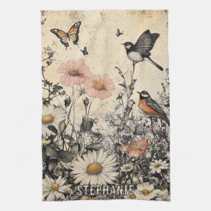 Bloemen, Vogels & Vlinder op Verouderd Papier Theedoek