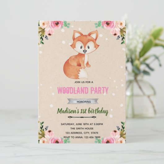 Bloemen vos bos uitnodiging (Staand voorkant)