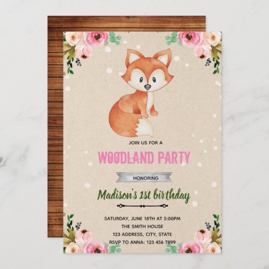 Bloemen vos bos uitnodiging (Voorkant / Achterkant)