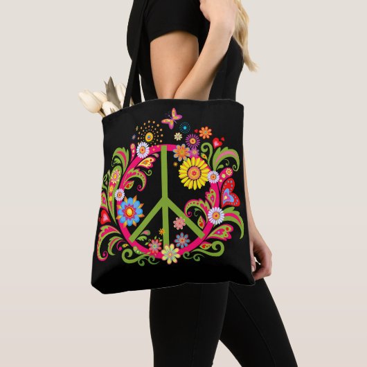Bloemen Vredesteken op zwart Tote Bag (Dichtbij)