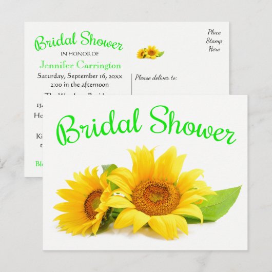 Bloemen Vrijgezellenfeest Zonnebloem Geel Groene B Uitnodiging Briefkaart (Voorkant / Achterkant)