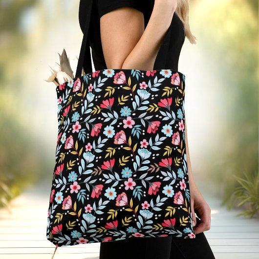Bloemen Vrouwelijk Zwart Kleurrijke Zomer Tote Bag