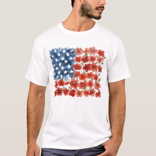 Bloemen VS Vlag Patriottisch 4e juli T-shirt (Voorkant)