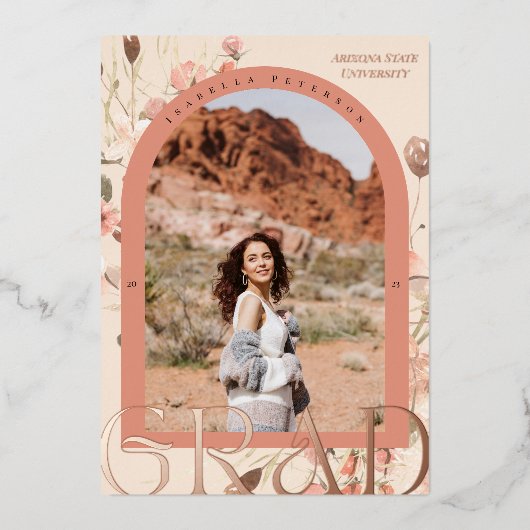 Bloemen Wanderlust: Boho Chic Afstuderen Foto Folie Uitnodiging (Voorkant)