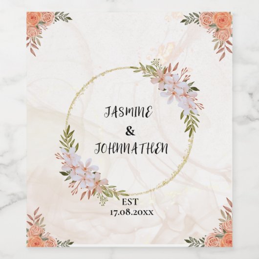 Bloemen Waterkleur rood en wit bloemen Trouwen Wijn Etiket (Enkel label)