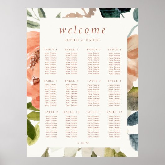 Bloemen Waterverf 12 Tafel Bruiloft Ivoor Poster (Voorkant)