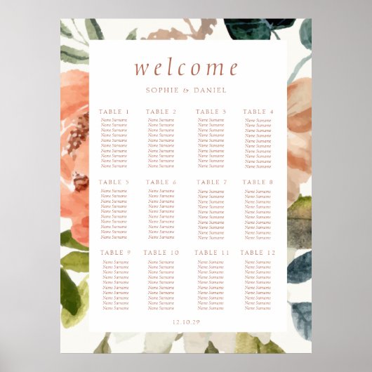Bloemen Waterverf 12 Tafel Bruiloft Poster (Voorkant)