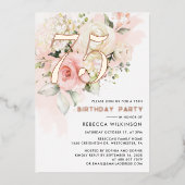 Bloemen Waterverf 75e Verjaardagsfeestje Roos Goud Folie Uitnodiging (Voorkant)