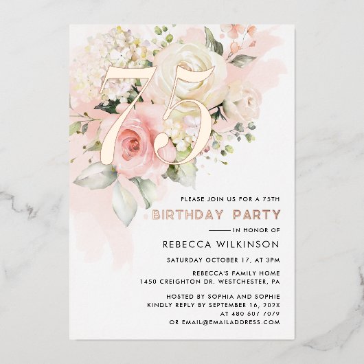 Bloemen Waterverf 75e Verjaardagsfeestje Roos Goud Folie Uitnodiging (Voorkant)