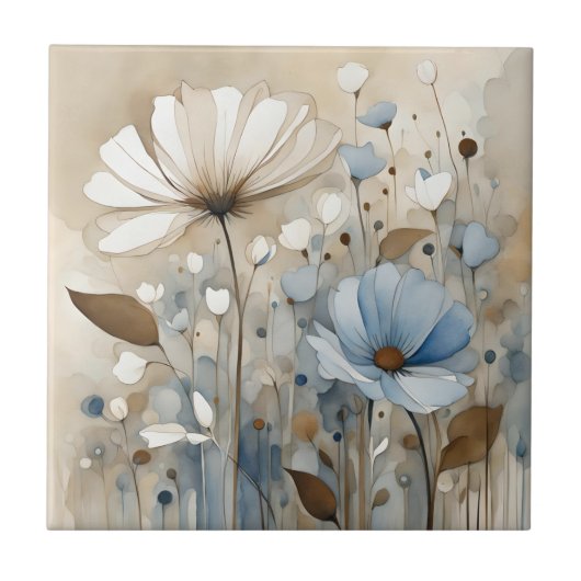 Bloemen Waterverf Abstract Beige Grijs Tegeltje (Voorkant)