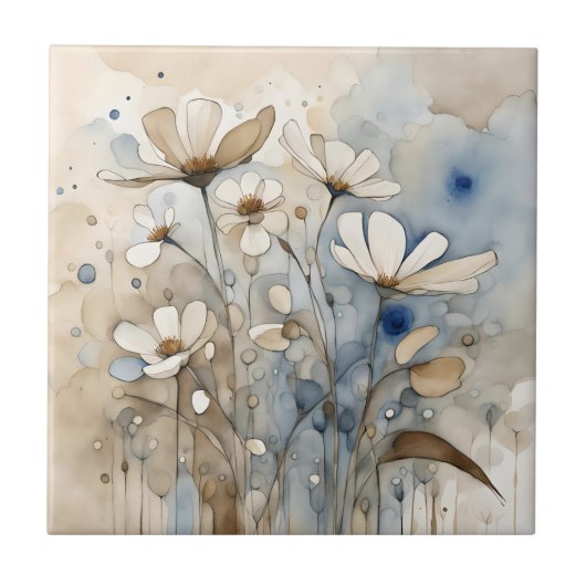 Bloemen Waterverf Abstract Beige Grijs Tegeltje (Voorkant)