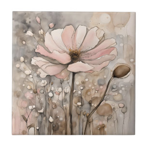 Bloemen Waterverf Abstract Beige Roze Tegeltje