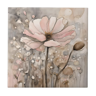 Bloemen Waterverf Abstract Beige Roze Tegeltje