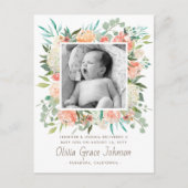 Bloemen Waterverf Baby Foto Aankondigingskaart (Voorkant)
