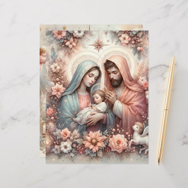 Bloemen Waterverf Baby Jesus Scrapbook Papier (Voorkant / Achterkant in situ)