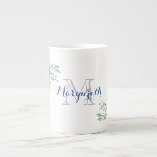 Bloemen Waterverf Blauw Paarse Monogram Porselein Kop (Voorkant)