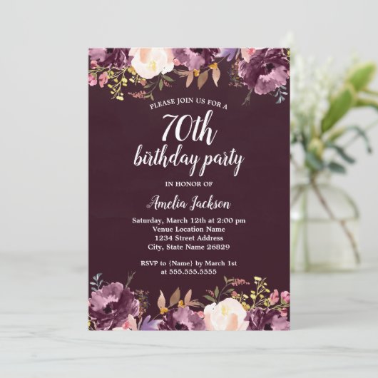 Bloemen Waterverf Bloom Paarse 70ste Verjaardag Pa Kaart (Staand voorkant)
