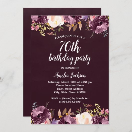 Bloemen Waterverf Bloom Paarse 70ste Verjaardag Pa Kaart (Voorkant / Achterkant)