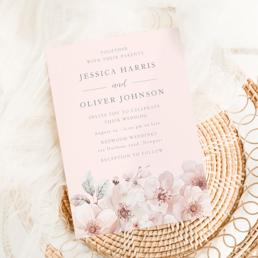 Bloemen Waterverf Blozende Roze Bruiloft Kaart