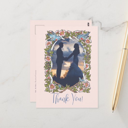 Bloemen Waterverf Blush Tuin Foto Dank Bruiloft Briefkaart (Voorkant / Achterkant in situ)